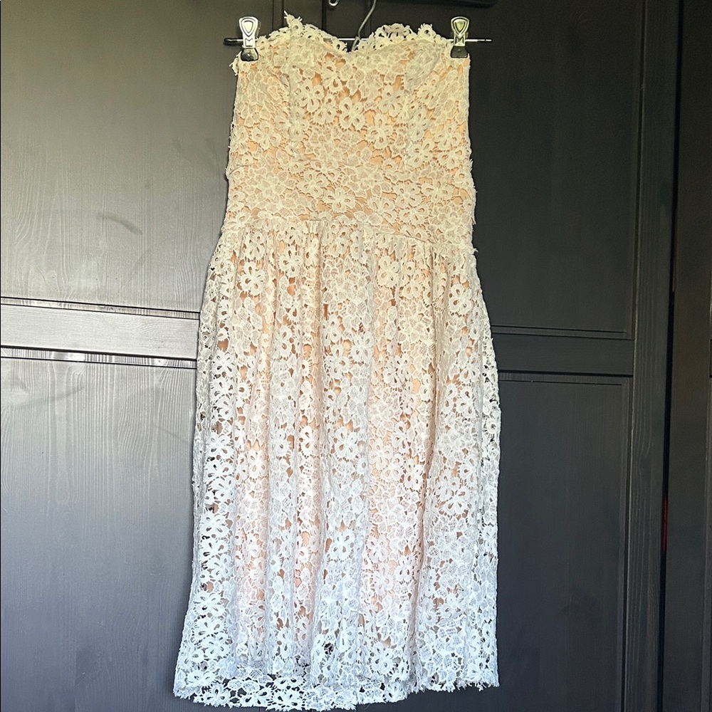 Sky Strapless Floral Lace Dress in Cream and White